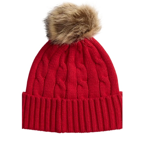 VTG Ralph Lauren Red Cable Knit Pom Beanie Hat Scarf Set Embroidered Crest‎ Logo main image 4